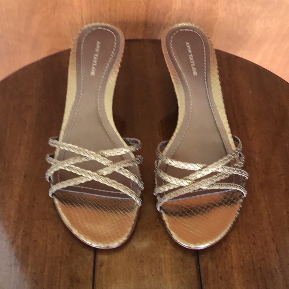 Ann Taylor bronze reptile print leather sandals.